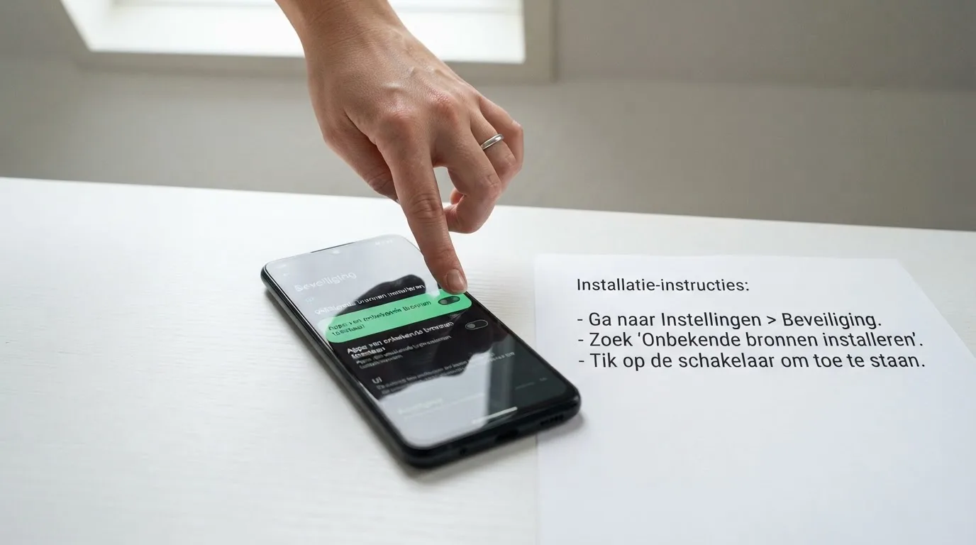 Een Android-telefoon met het installatiescherm voor onbekende bronnen en een APK-bestand van een Nederlands casino dat wordt gedownload