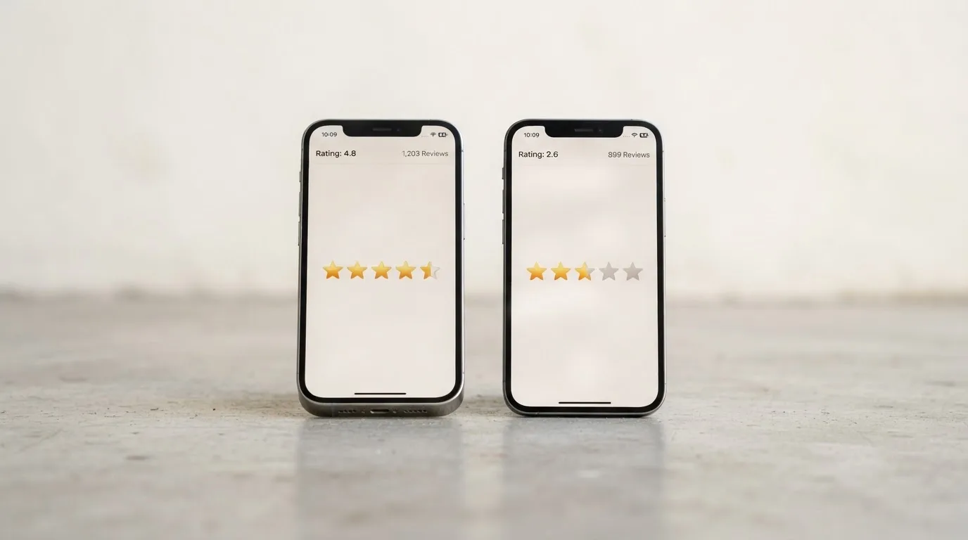 Twee smartphones naast elkaar met de beoordelingssterren van een casino-app
