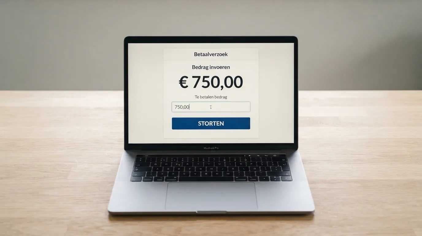 Een betaalscherm met een stortingsbedrag en een Bancontact-knop op een laptop.