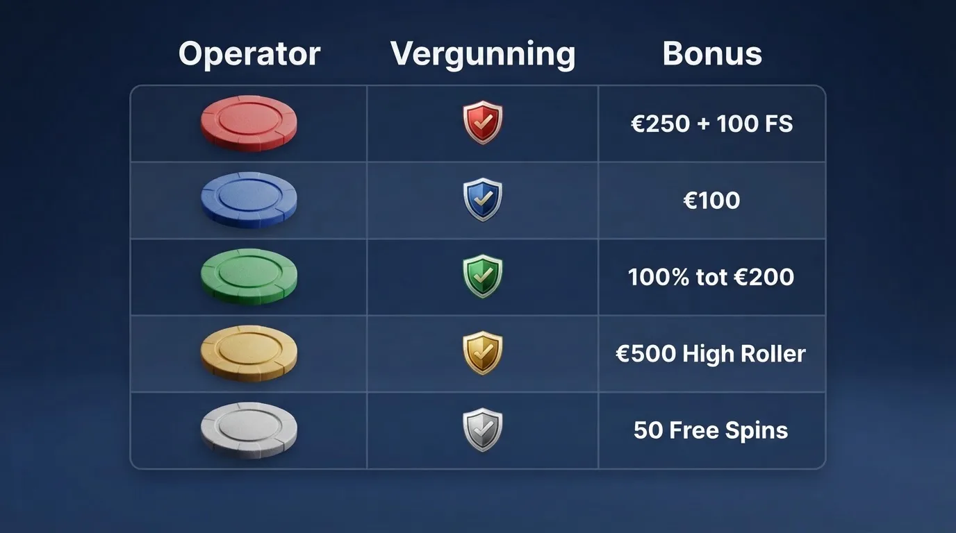 Een vergelijkingstabel met casinonamen, vergunningsnummers en bonusvoorwaarden
