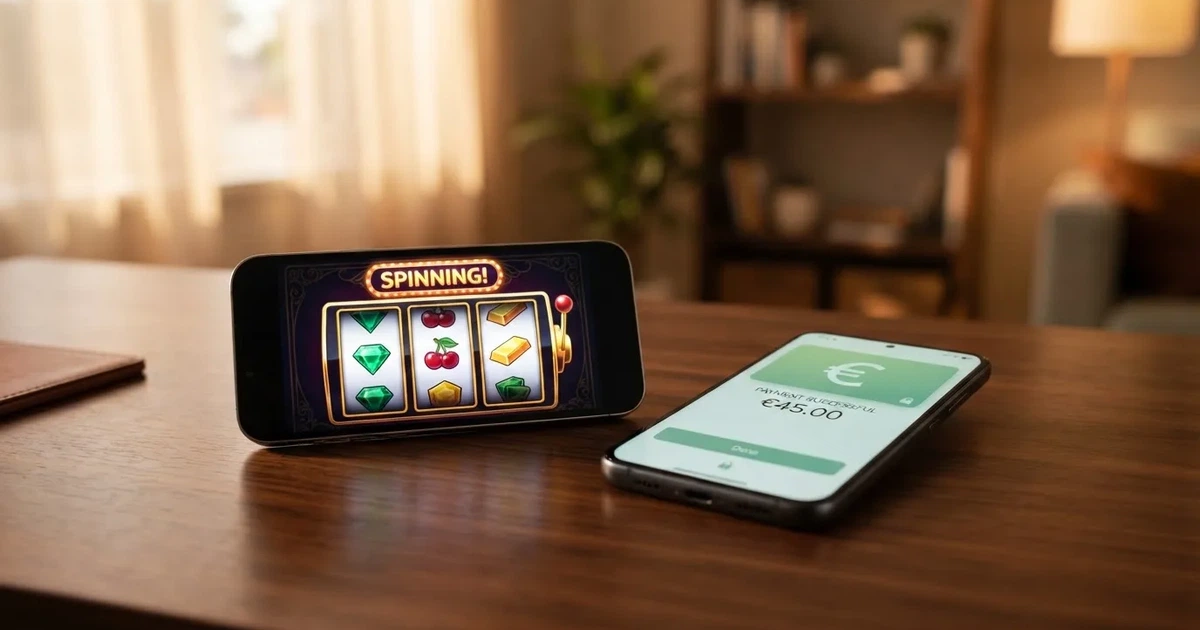 Een smartphone met een online casino-interface en daarnaast een betaalscherm