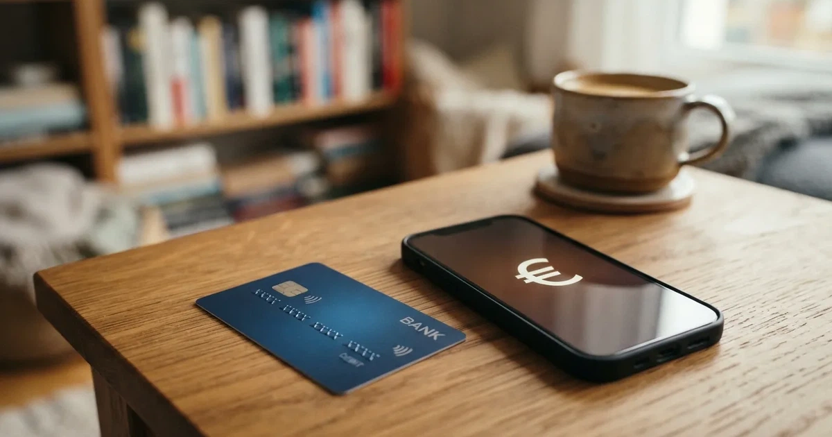 Een Bancontact-betaalkaart en een smartphone met betaal-app liggen naast elkaar op een tafel.