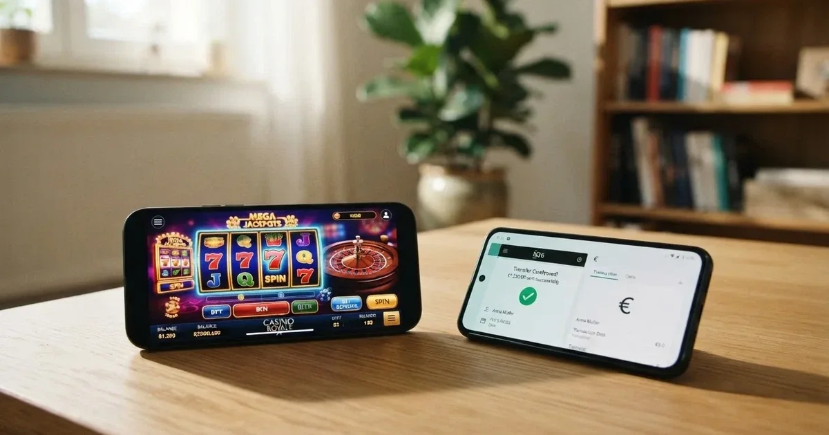 Smartphone met een online casino op het scherm naast een bank-app waar een overboeking klaarstaat
