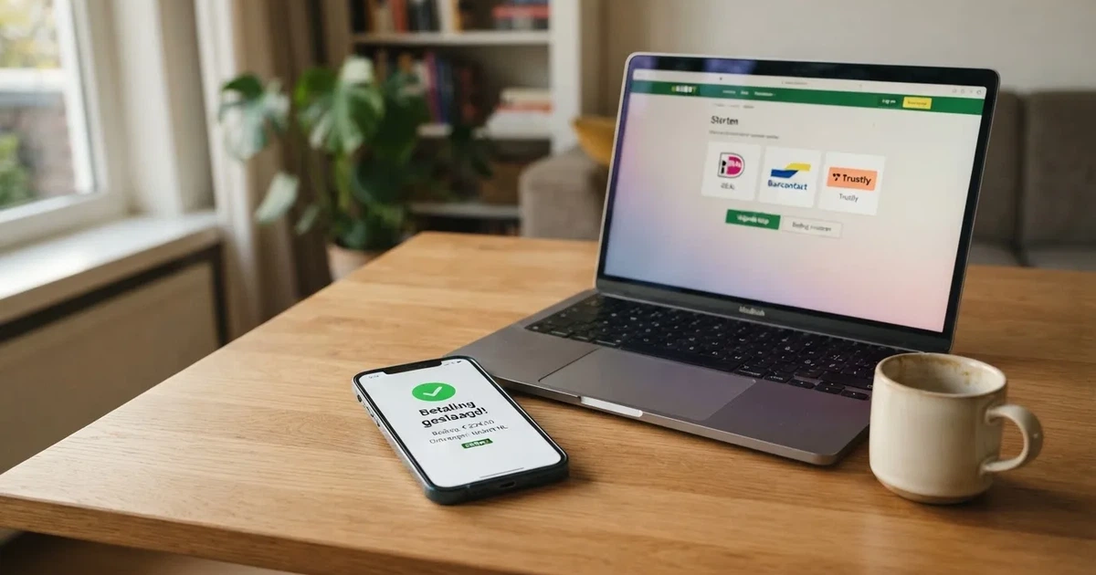 Smartphone toont de bevestigingsstap van een bank-app naast een casino-kassa met Brite als betaaloptie
