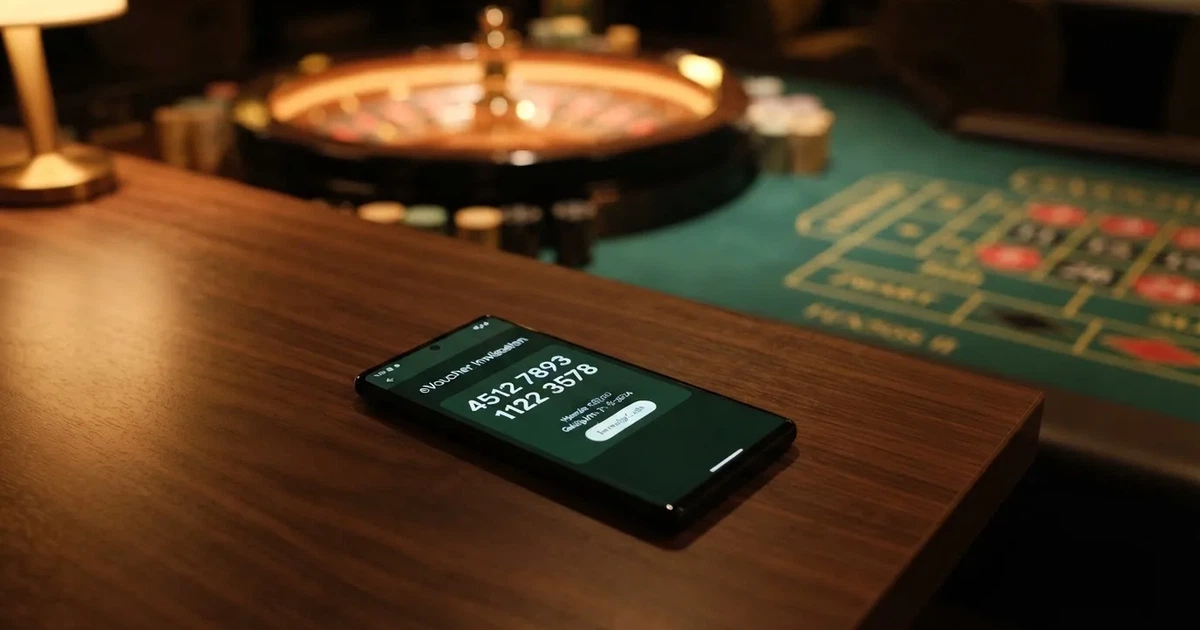 Een smartphone toont een CashtoCode eVoucher met 20-cijferige pincode op het scherm, met op de achtergrond het logo van een Nederlandse online casino