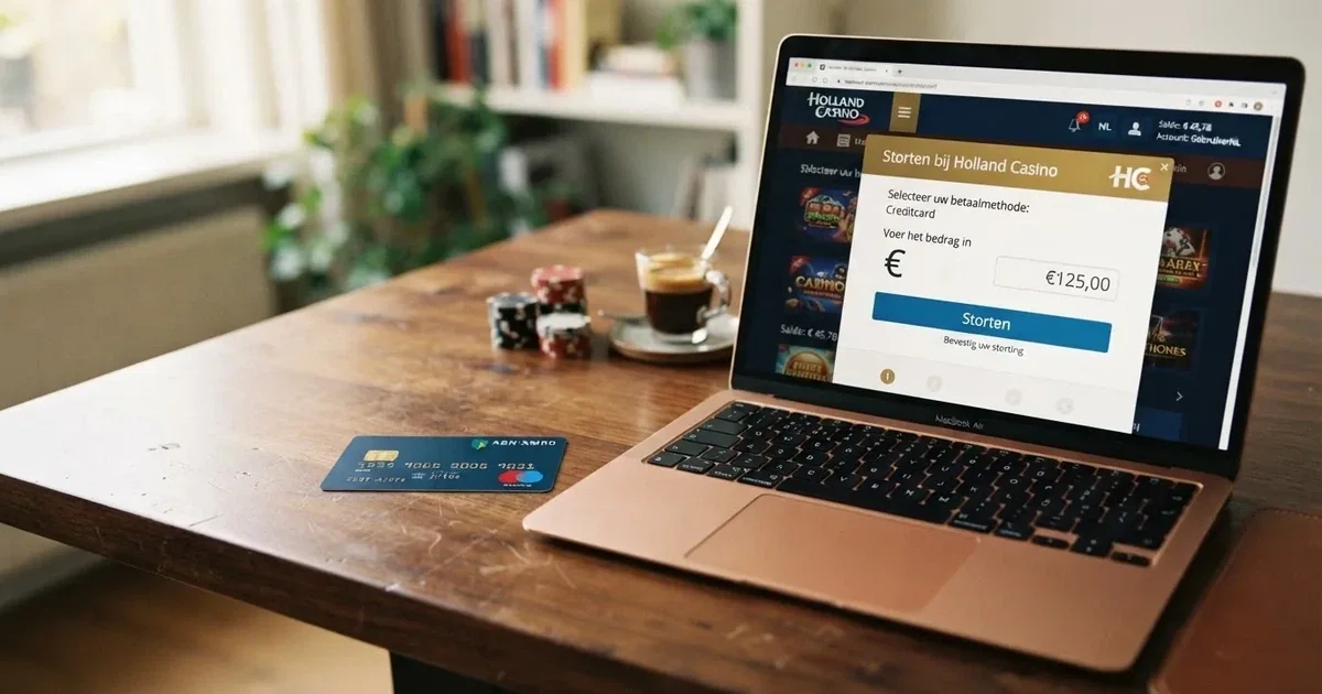 Een creditcard ligt naast een open laptop waarop een casinokassa met een stortingsscherm te zien is