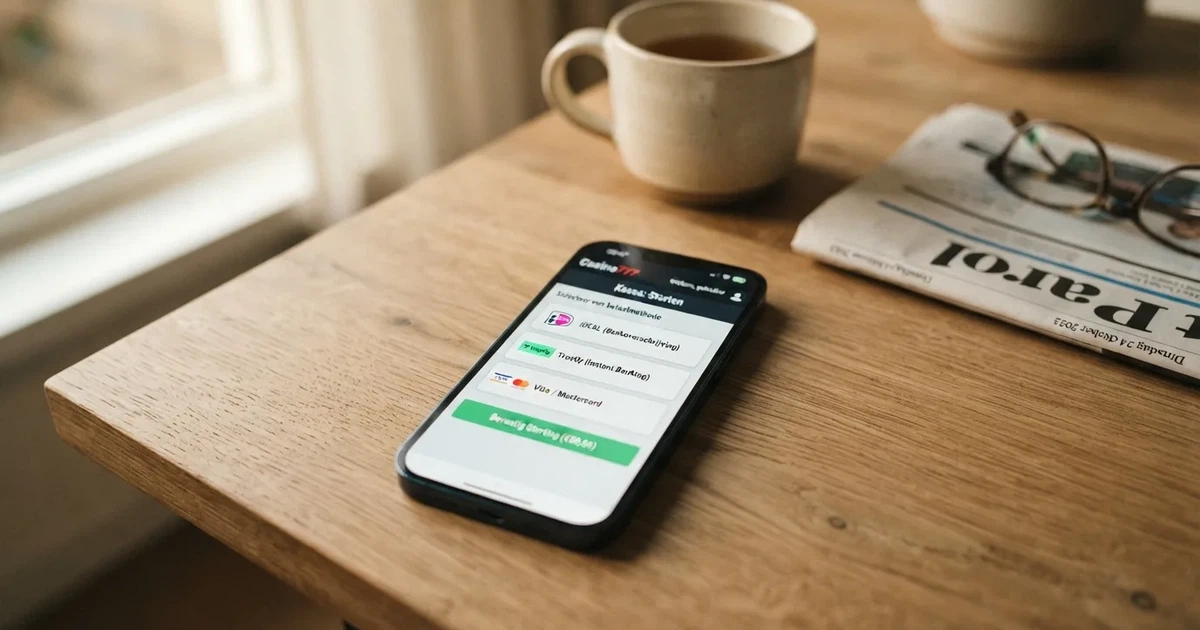 Een smartphone toont de homepagina van een Nederlandse online casino-website, met de focus op de kassapagina waar iDEAL en Wero zichtbaar zijn als stortingsopties — HiPay ontbreekt in het rijtje