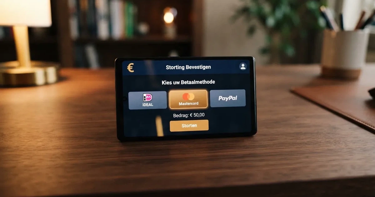 Een casino-kassascherm met de stortingsknoppen Klarna/Sofort, iDEAL en Trustly naast elkaar, waarvan iDEAL is uitgelicht