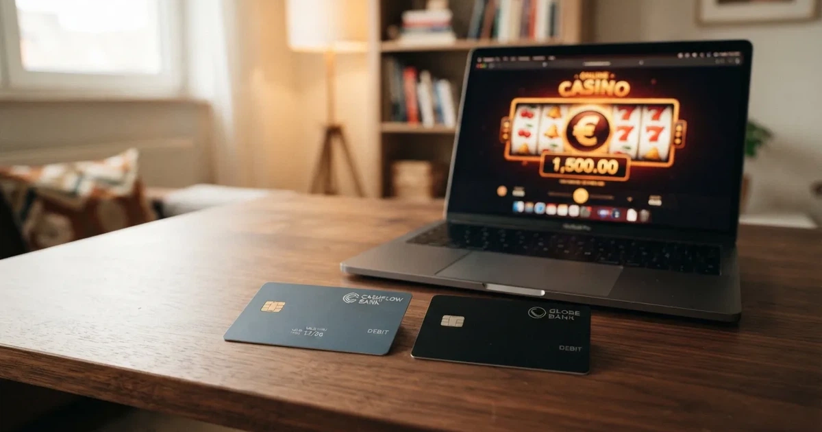 Een Maestro-betaalpas en een Debit Mastercard naast elkaar, met een laptop op de achtergrond die een casino-website toont
