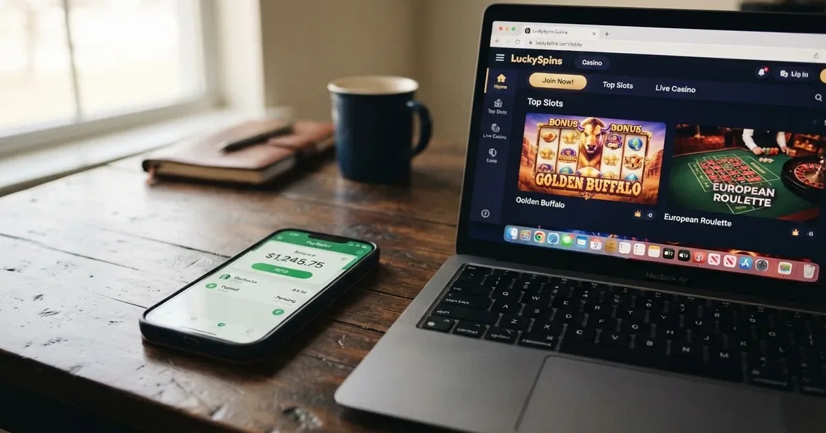 Mobiele telefoon met de MuchBetter-app naast een online casinopagina