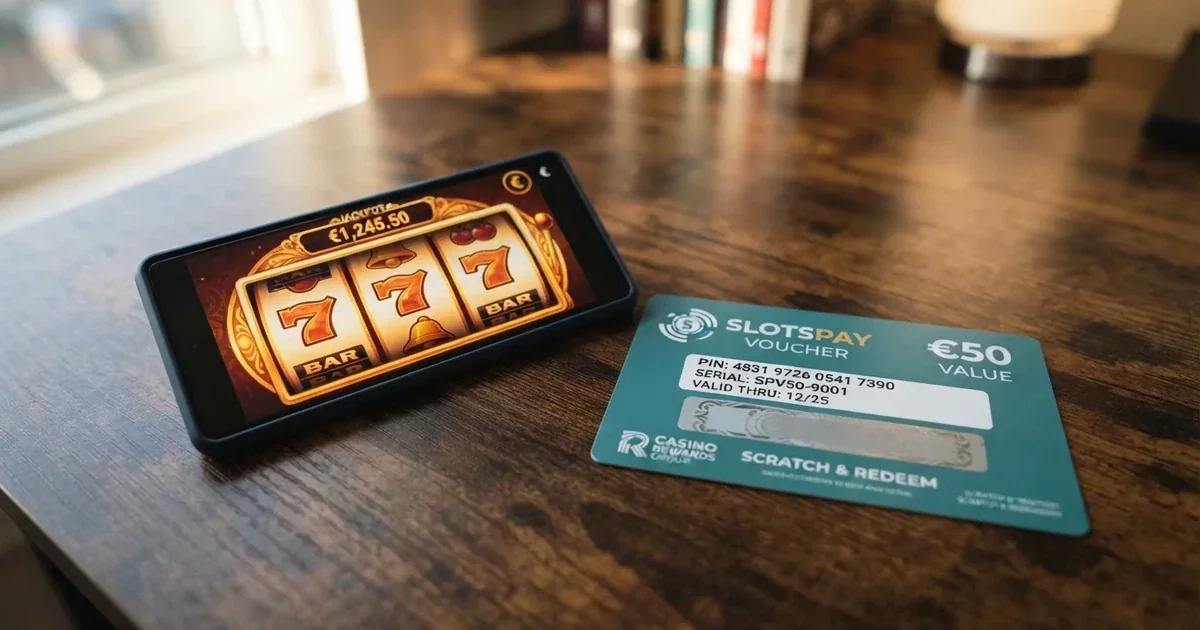 Een Neosurf-voucher met een prepaidcode naast een casino-interface op een smartphone