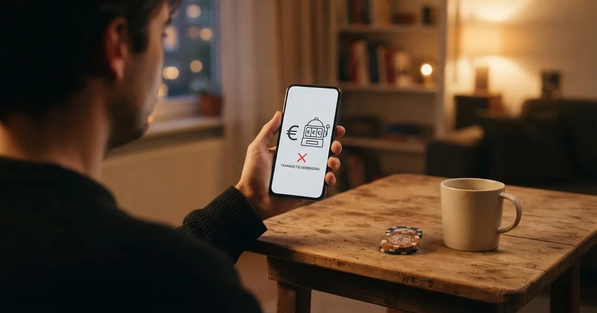 Een Nederlandse speler kijkt naar een telefoonscherm waarop het Neteller-logo en een slot-machine-icoon naast elkaar zichtbaar zijn, met een Ksa-keurmerk dat ontbreekt op het Neteller-scherm.