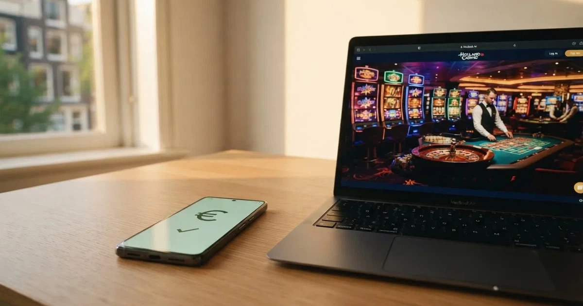 Een smartphone met het Nodapay-betaalscherm naast een open laptop met een online casino, tegen een neutrale Nederlandse achtergrond.