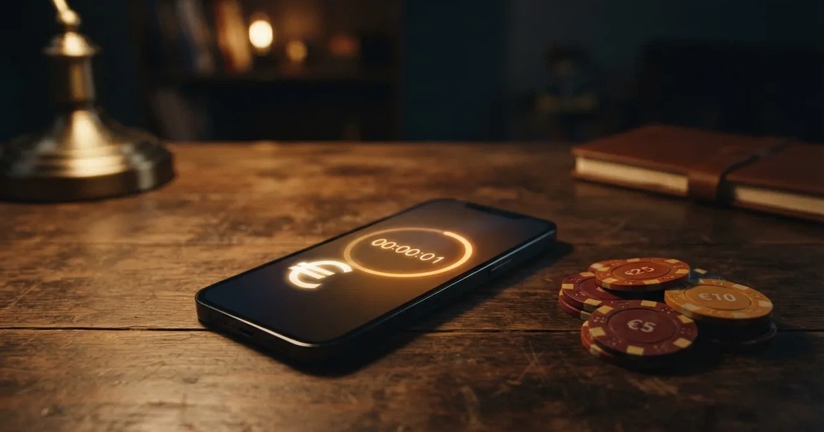 Een smartphone met een stortingsscherm en een casino-app, met een klok die de seconden telt