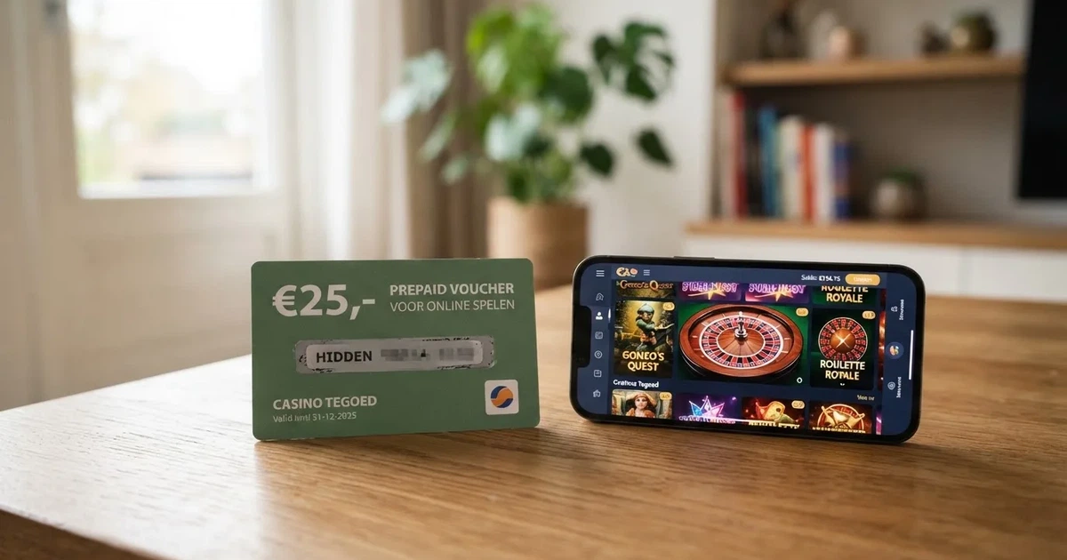 Een Paysafecard-voucher van 25 euro naast een smartphone met een Nederlands online casino op het scherm, liggend op een houten tafel