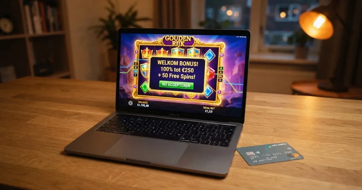 Een vergelijkingstabel van online casino's met hun bonusvoorwaarden op een Nederlands scherm, met een Revolut-betaalkaart ernaast