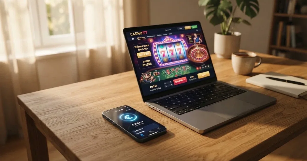 een smartphone en laptop met het Skrill-logo en een openstaande casinopagina op het scherm