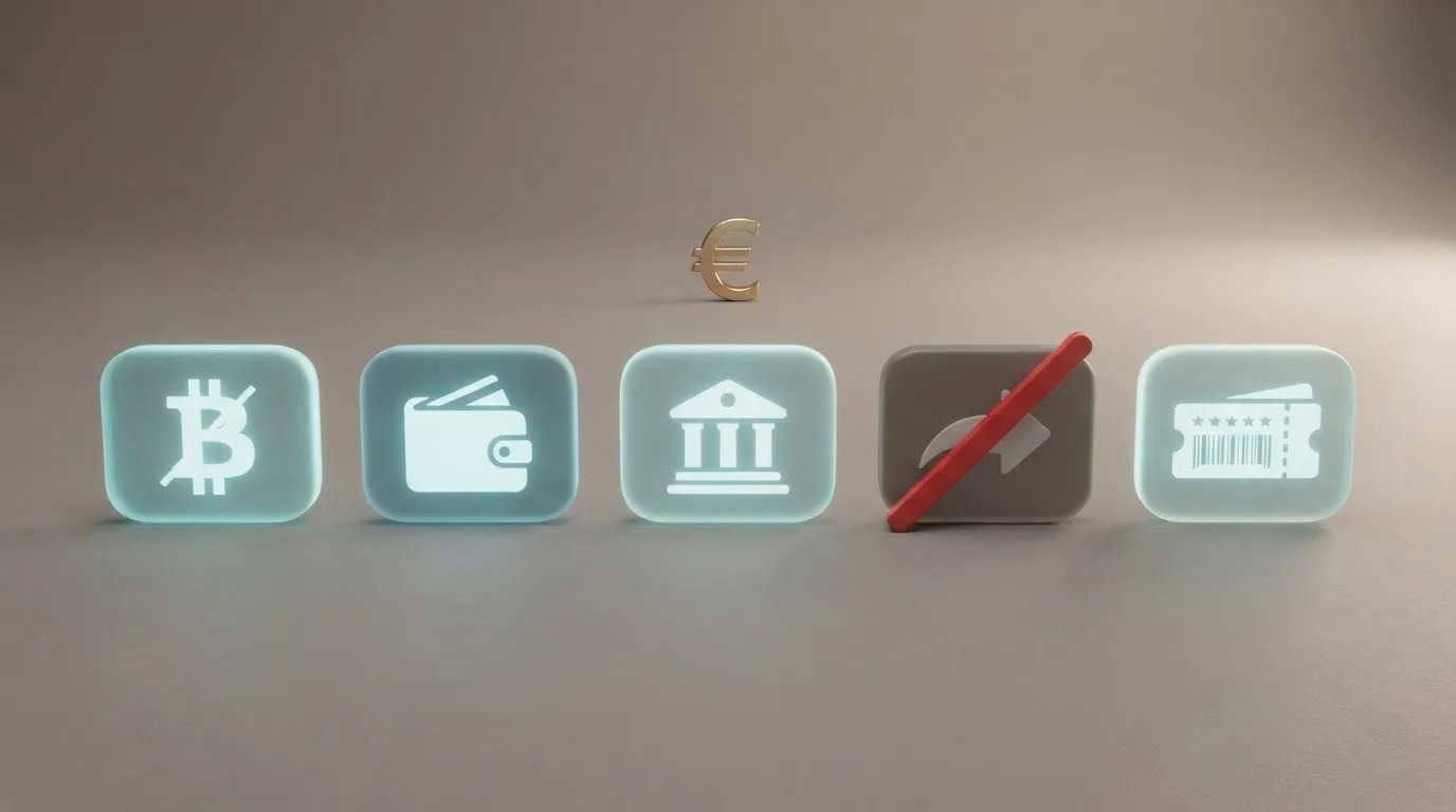De betaalmethoden die wél werken bij een casino zonder Cruks — crypto, e-wallets en SEPA — met iDEAL doorgestreept als niet-beschikbaar