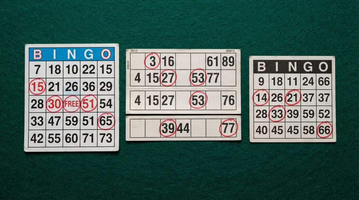 Drie bingokaarten naast elkaar: een 5×5 raster voor Bingo 75, een 3×9 strook voor Bingo 90 en een 4×4 raster voor Bingo 80, elk met enkele gemarkeerde nummers