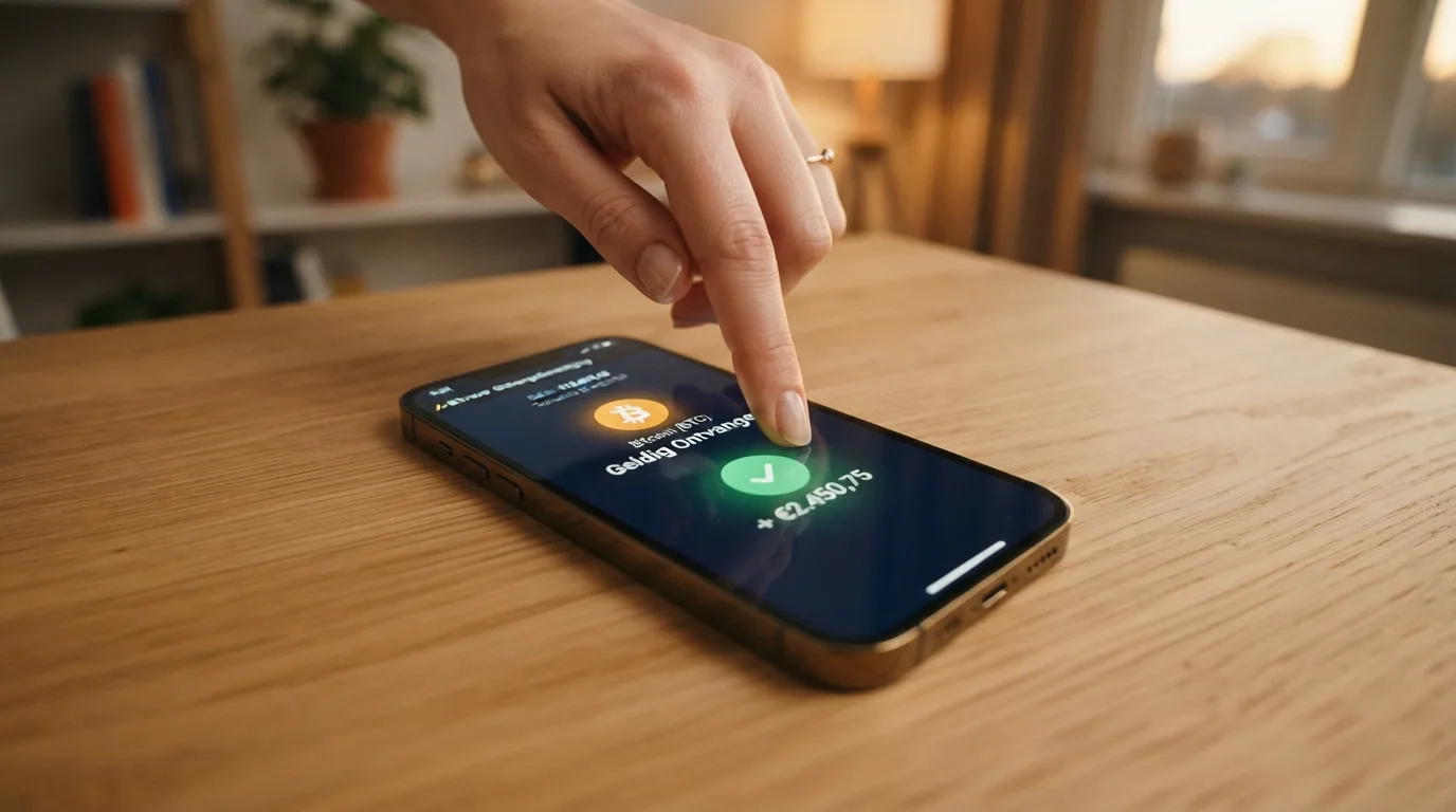 Een smartphone met een wallet-app die een bitcoin-storting naar een casino bevestigt