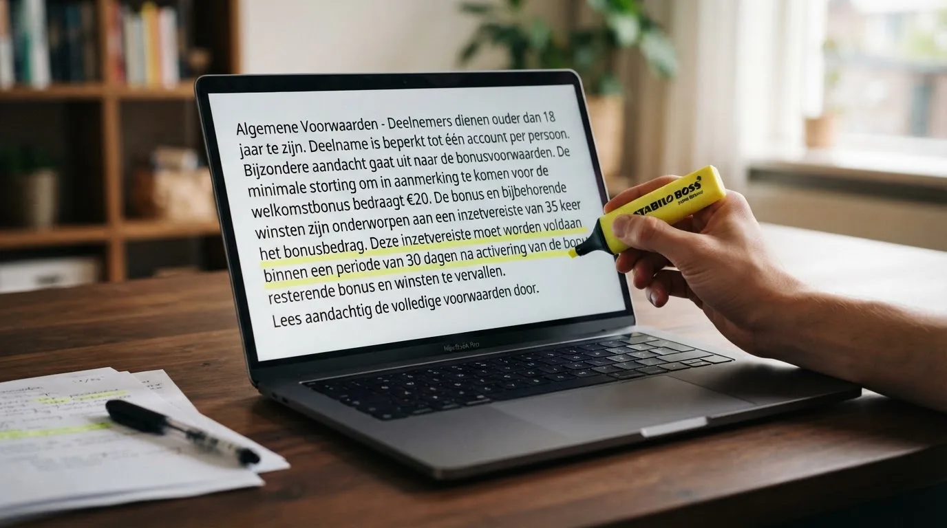 Een close-up van bonustekst op een beeldscherm, met een markeerstift die de inzetvereiste en geldigheidstermijn accentueert