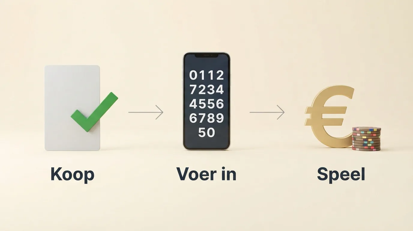 Drie stappen in infographic-stijl: een pinpas met een groen vinkje voor 'Koop', een smartphonescherm met 20-cijferige code voor 'Voer in', en een casino-saldo met euroteken voor 'Speel'