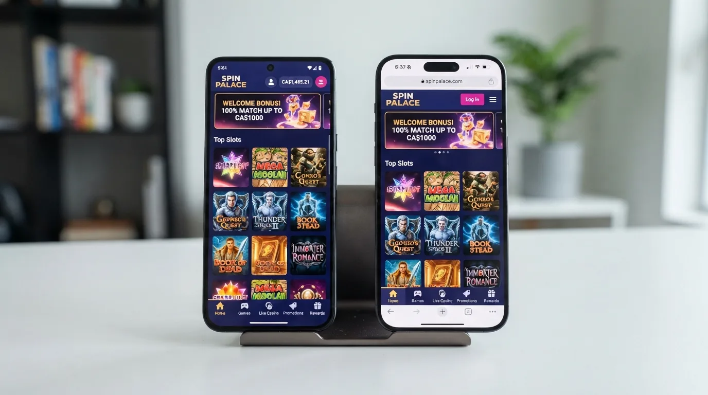 Een split-screen met links een mobiele casino-app en rechts dezelfde casinosite in een mobiele browser