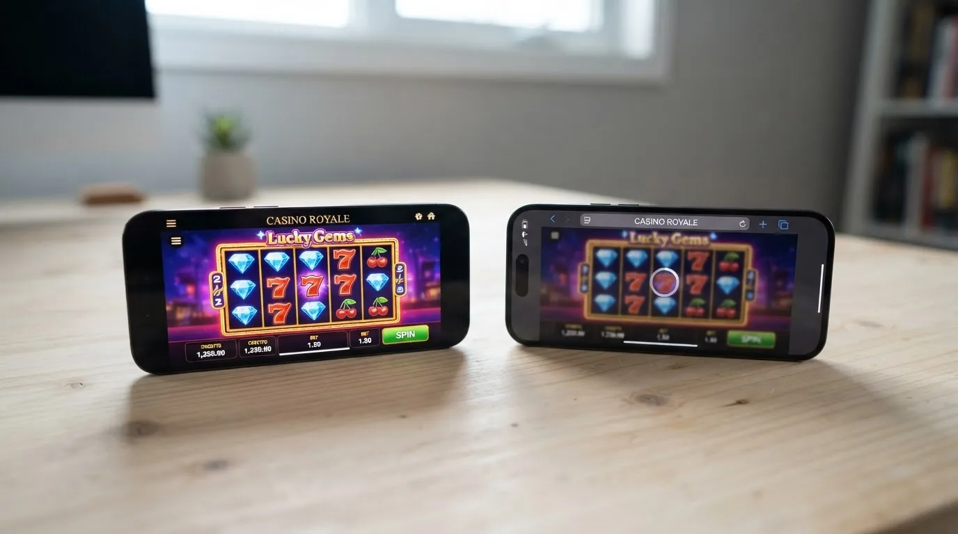 Een split-screen van een native casino app naast dezelfde casino-site in Safari op een iPhone
