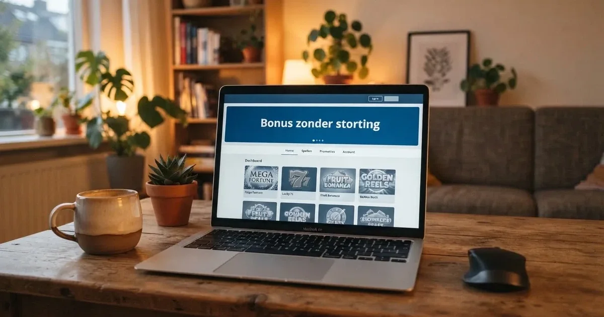 Een Nederlands online casino dashboard op een laptopscherm, met een uitnodigende “bonus zonder storting”-melding