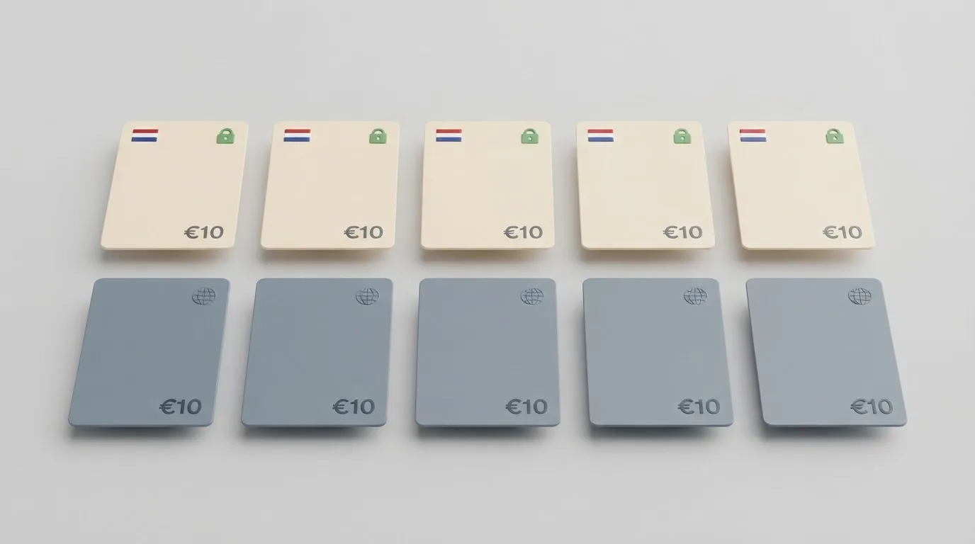 Tien casinokaarten in twee rijen van vijf: links met Nederlandse vlag en slot-icoon, rechts met wereldbol-icoon, alle met een €10-label
