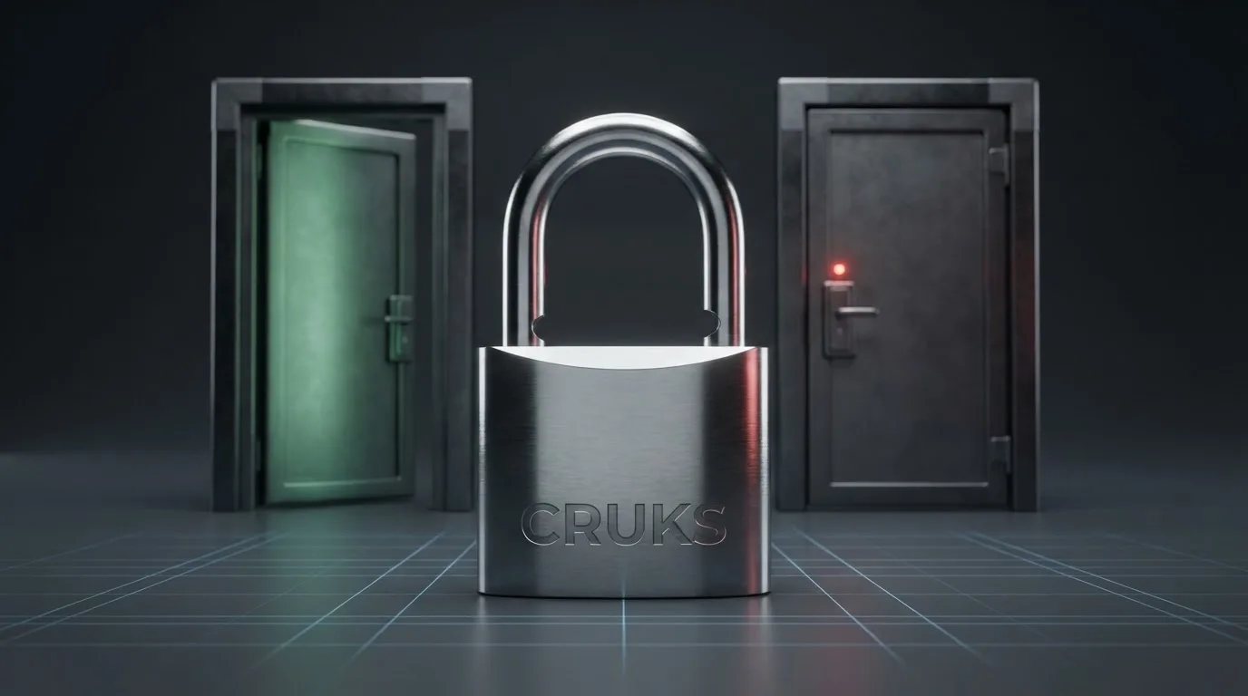 Een hangslot op een donker scherm met de tekst “CRUKS” dat bij de ene deur groen uitslaat en bij de andere rood blijft