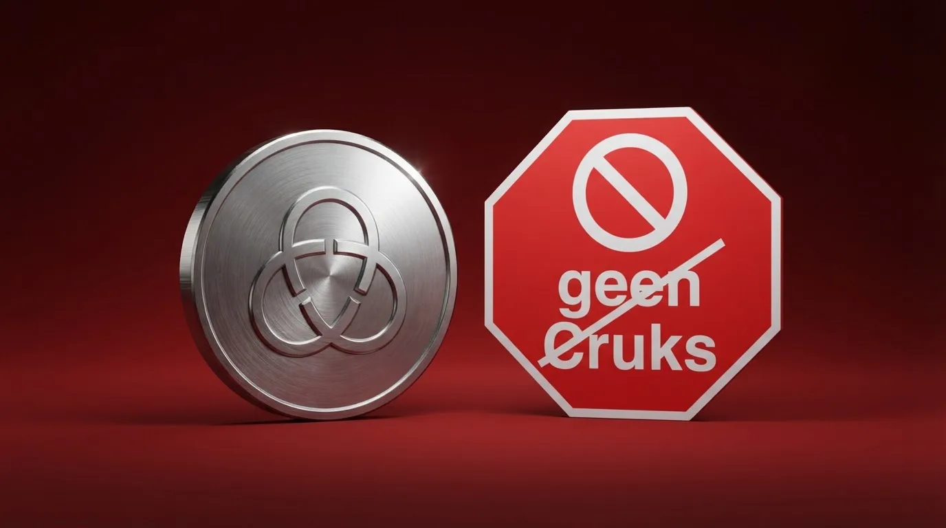 Een Bitcoin-munt naast een rood waarschuwingsicoon en de tekst “geen Cruks” met een streep erdoor
