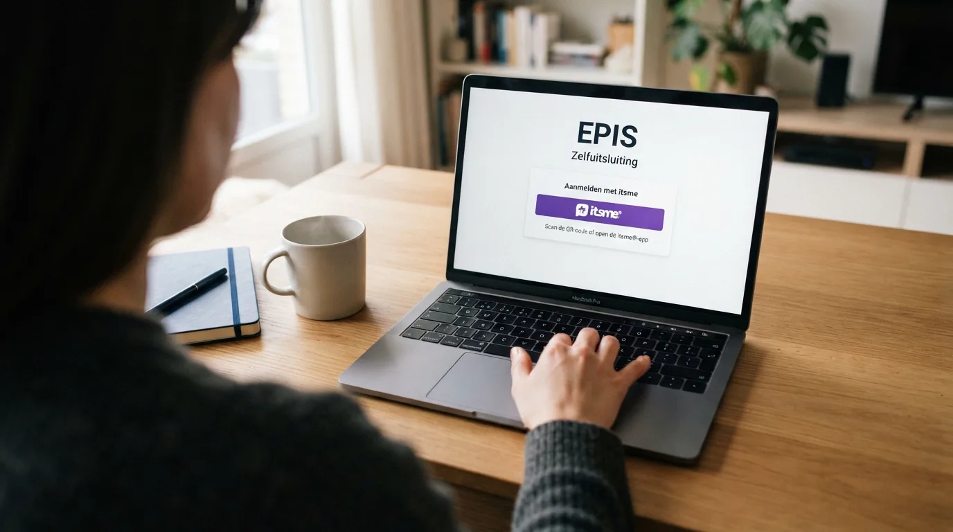 Een laptopscherm toont de EPIS-aanmeldpagina met een itsme-loginvenster ernaast, een hand zweeft boven het toetsenbord