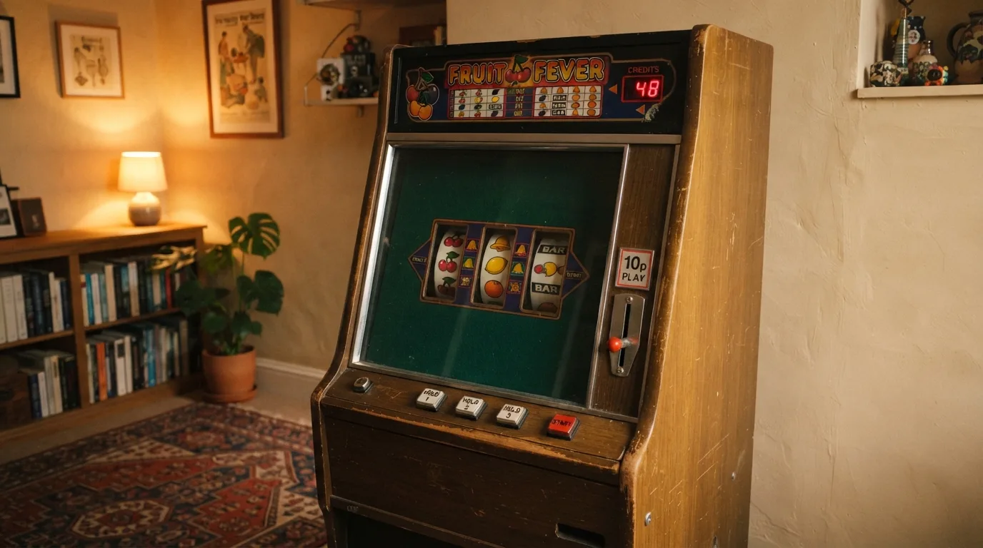 Een originele fysieke Club 2000 SE-gokkast in een huiselijke setting, met het kenmerkende groene speelveld, de Club Meter bovenin en de muntinworp zichtbaar