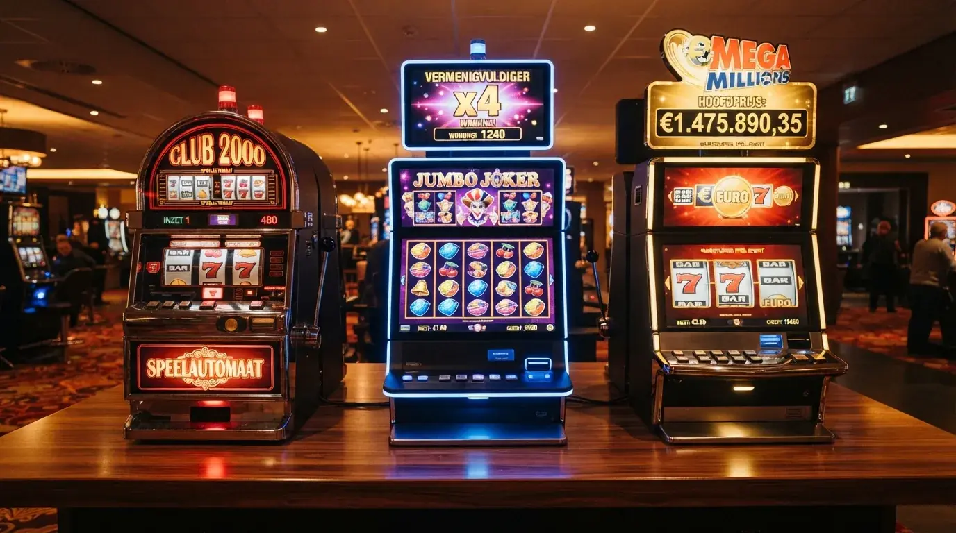 Drie gokkasten naast elkaar vergeleken: een klassieke fruitautomaat met drie rollen, een moderne Megaways-slot met zes rollen en een progressieve jackpot-gokkast met een groeiende teller boven de rollen