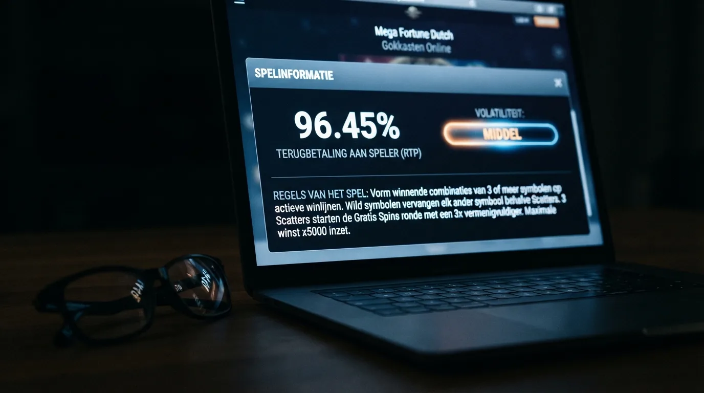Een close-up van het informatievenster van een online gokkast met het uitbetalingspercentage en de spelregels zichtbaar op het scherm
