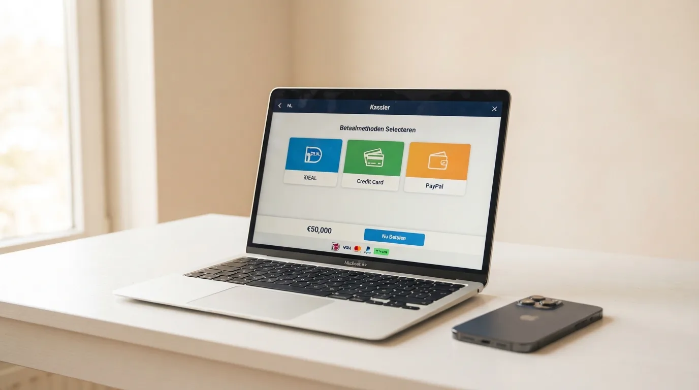 Laptopscherm met een casino-kassa waar Brite, iDEAL en Trustly naast elkaar als stortingsmethoden staan