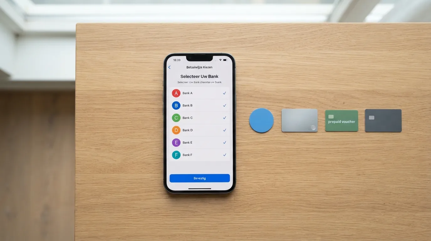 Een smartphone met het iDEAL-betaalscherm naast een rij betaalmethode-iconen: PayPal, creditcard, Paysafecard