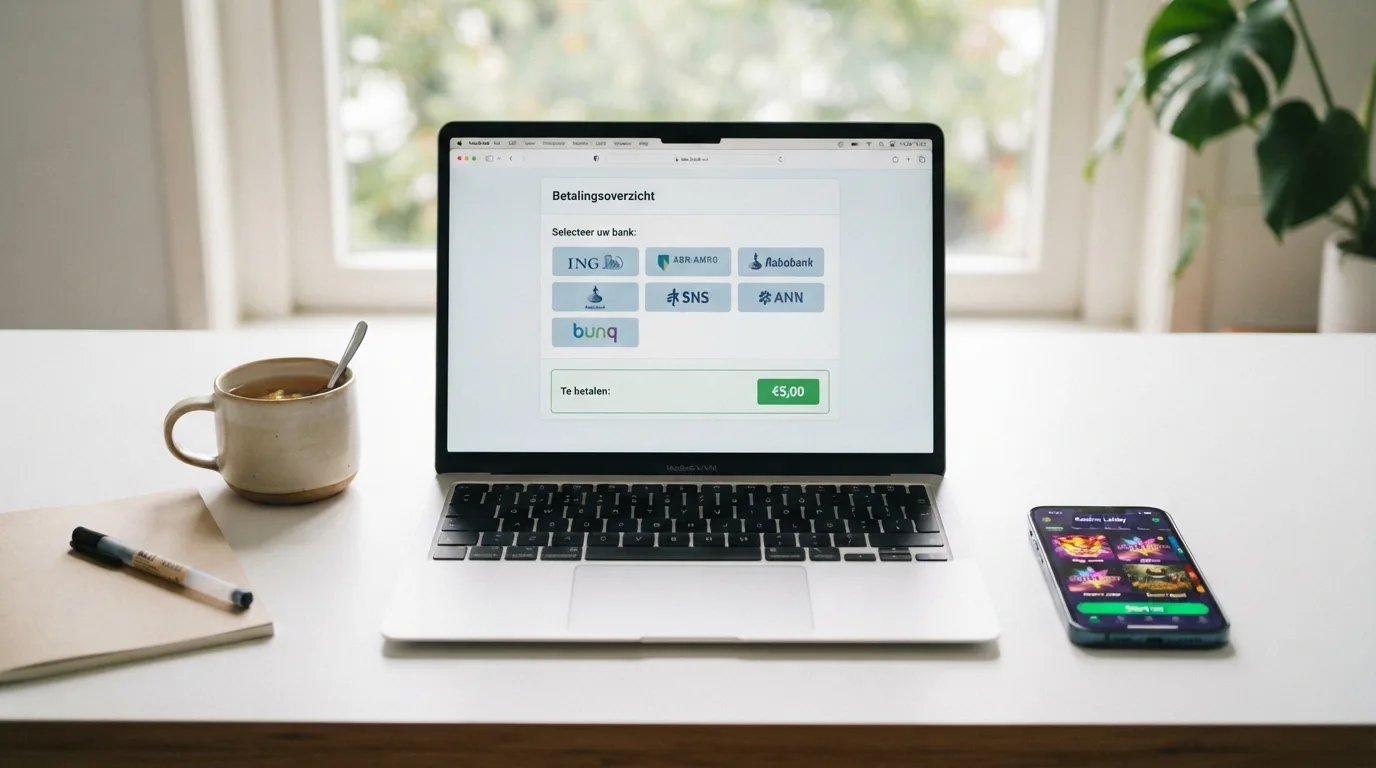 Een laptopscherm met het iDEAL-betaaloverzicht met de logo's van Nederlandse banken, naast een mobiele casino-interface