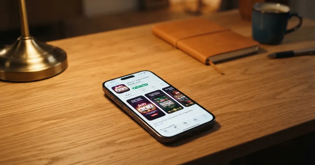 Een iPhone met het startscherm van een Nederlandse casino app en het Ksa-logo in de App Store-beschrijving