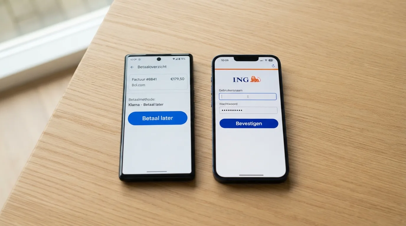 Twee smartphone-schermen: links de Klarna-app met de knop “Betaal later”, rechts het inlogscherm van een bank voor een Sofort-betaling
