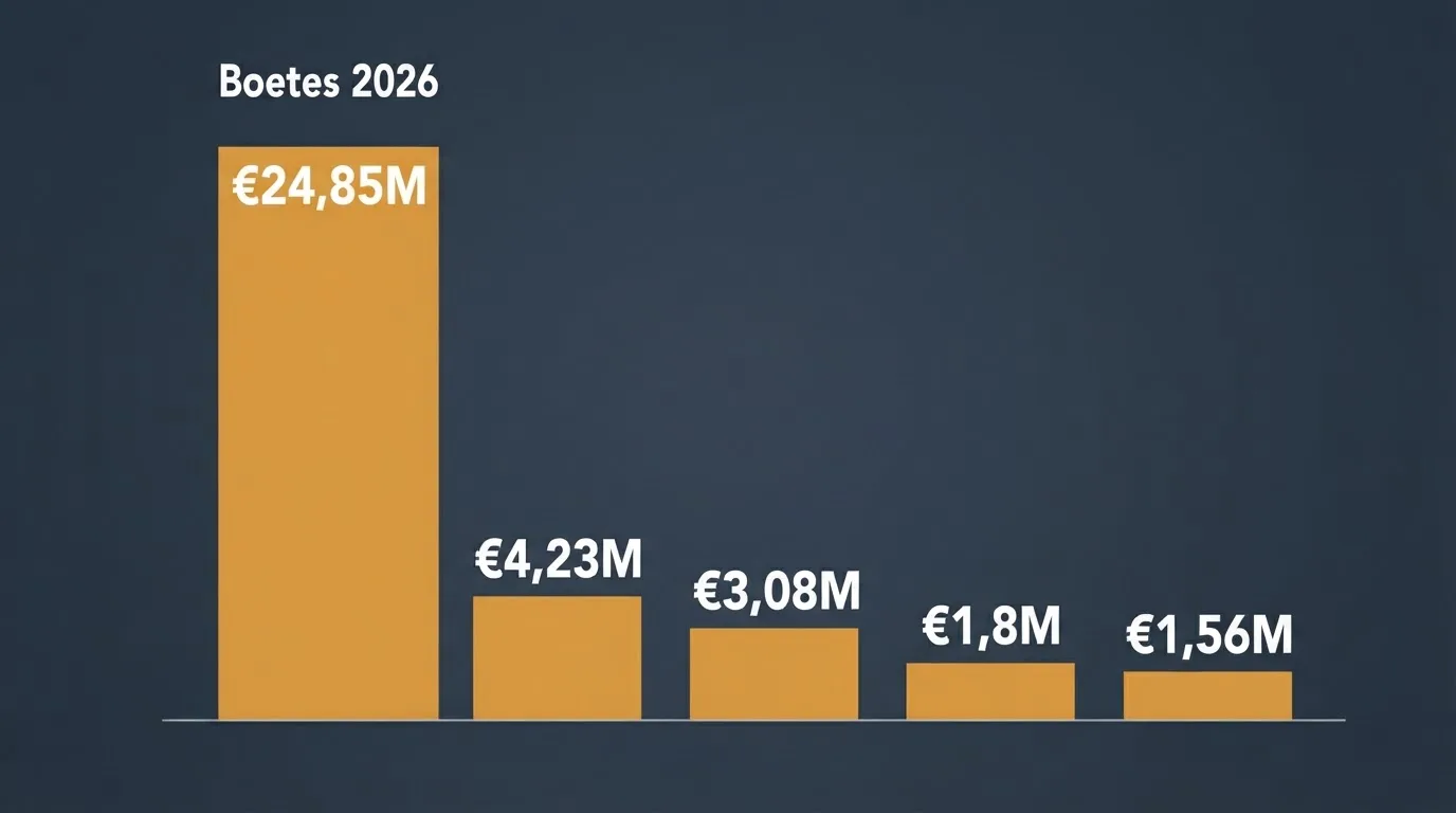 Een grafische weergave van de Ksa-boetebedragen van 2026, met de hoogste boete van €24,85 miljoen voor Novatech prominent in beeld