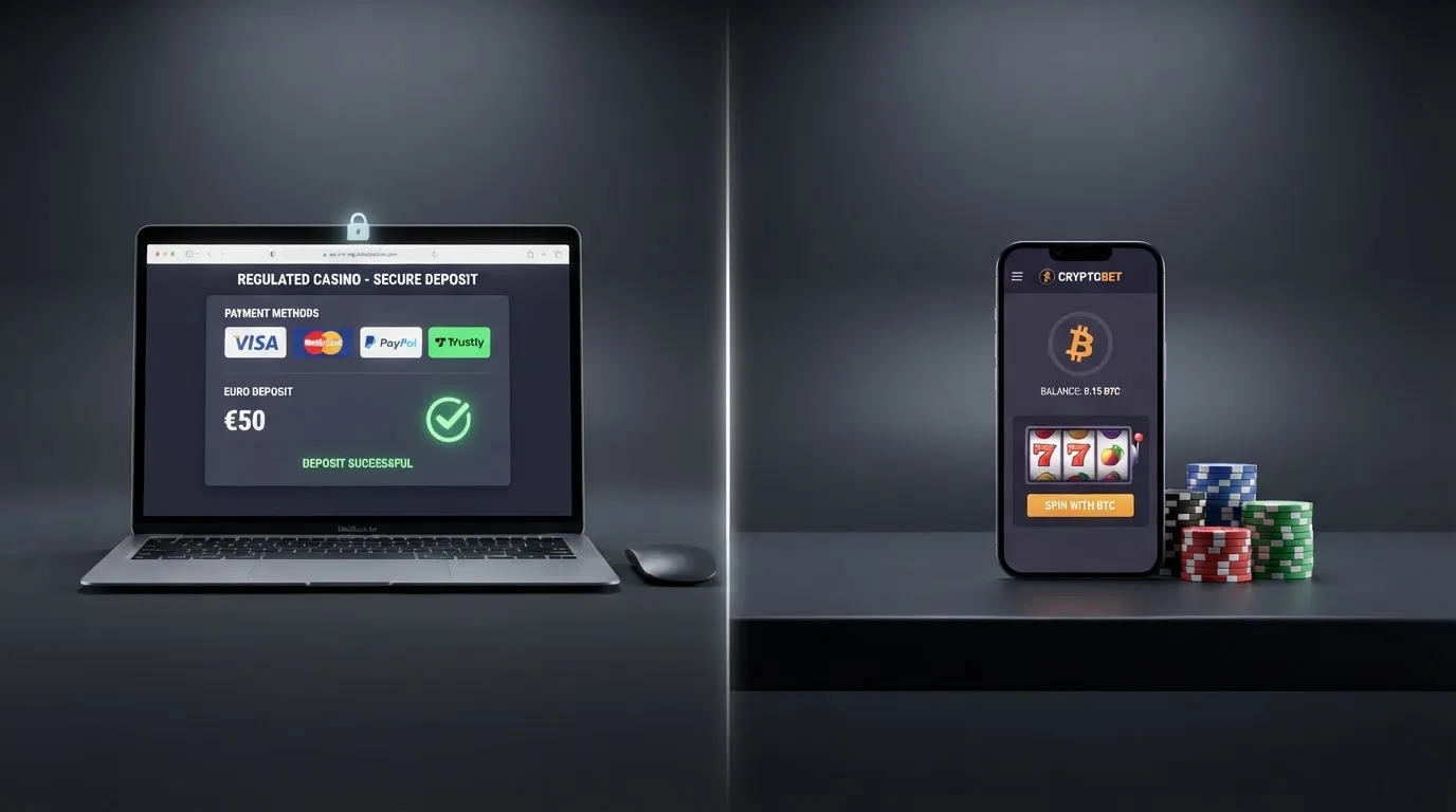 Twee kolommen: links een vergund casino met iDEAL en CRUKS, rechts een bitcoin casino