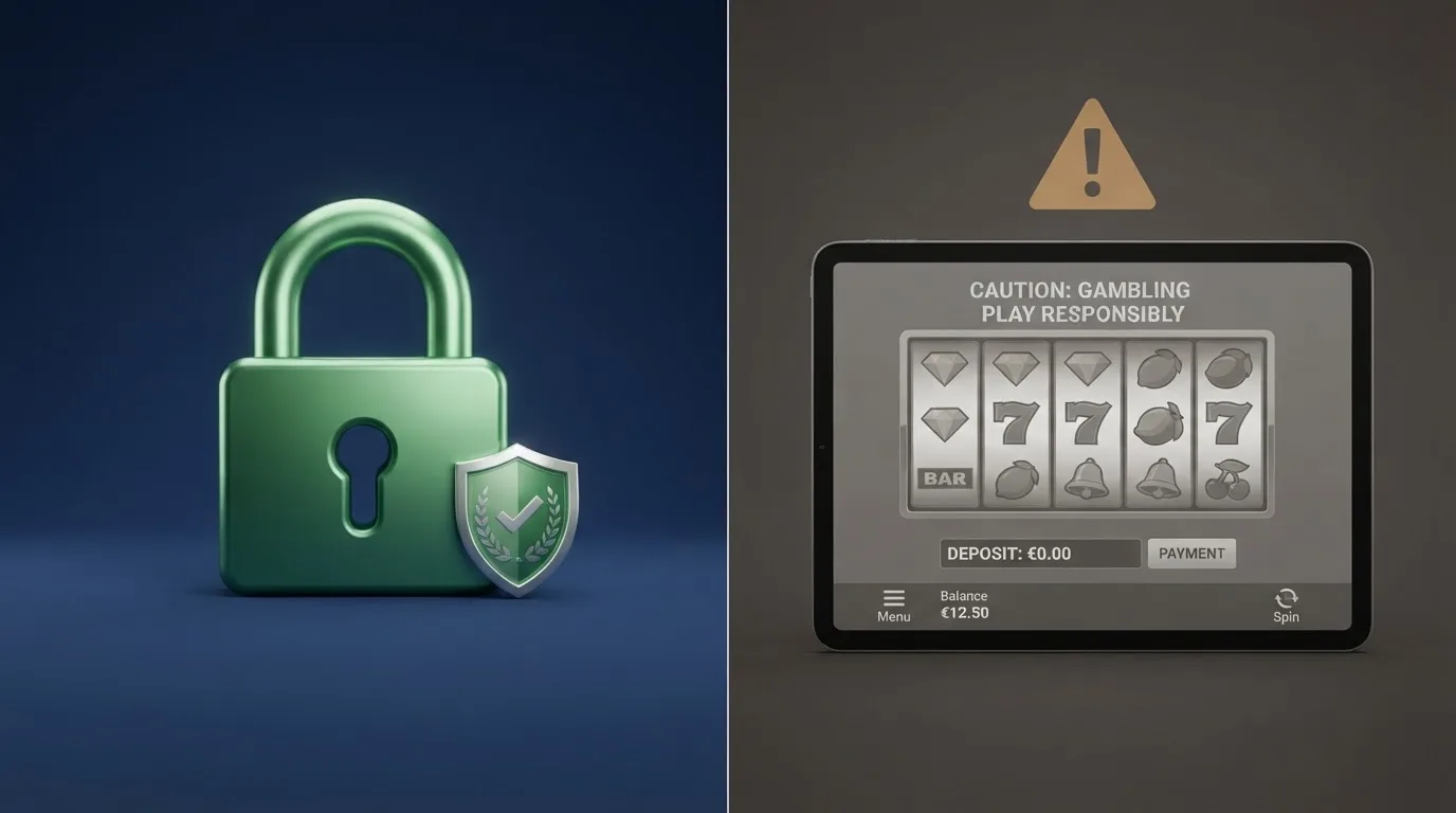 Een gesplitst scherm: links het slot-symbool met Ksa-logo en de tekst “vergund,” rechts een waarschuwingsdriehoek bij een casino-interface zonder keurmerk