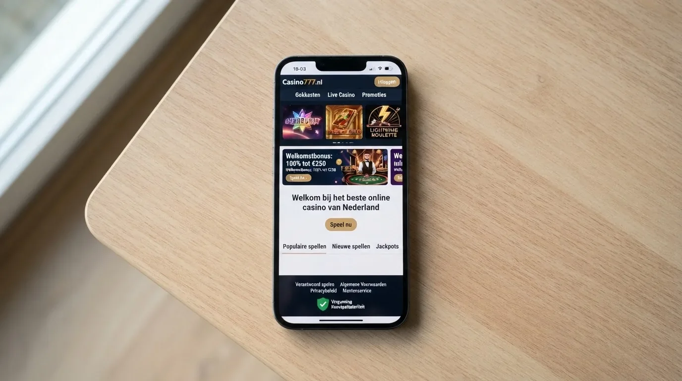 Een smartphone met de homepage van een legaal Nederlands online casino, met het Ksa-keurmerk duidelijk zichtbaar in de footer van de pagina