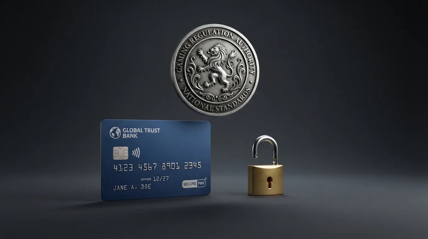 Het logo van de Kansspelautoriteit naast het Mastercard-logo en het 3D Secure-slot-icoon, tegen een donkere achtergrond.