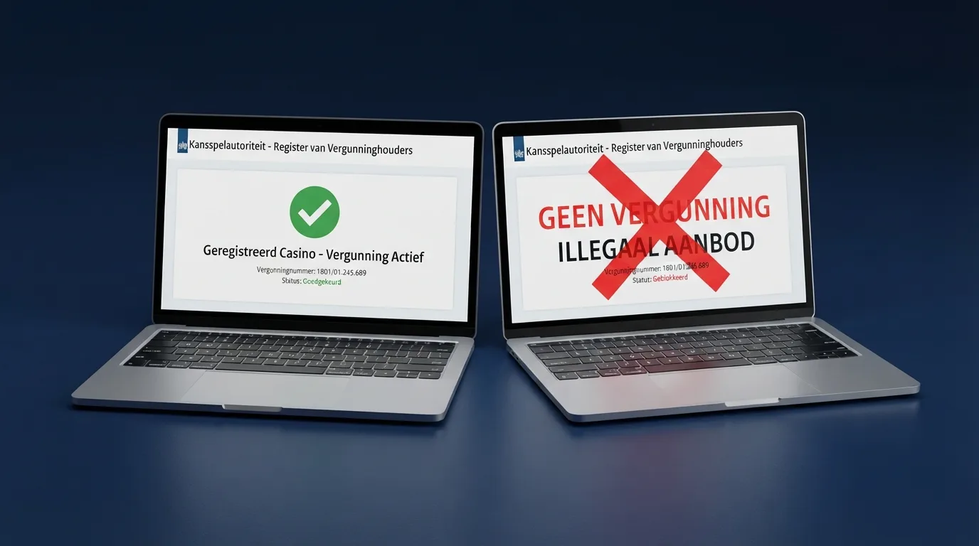 Een screenshot van het Ksa-vergunningenregister met een vergunningdetailpagina, met daarnaast een rood kruis door een scherm met de tekst “geen vergunning”