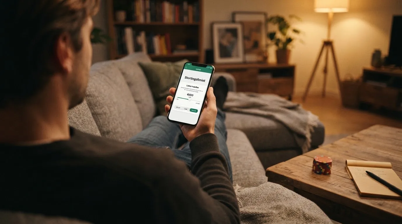 Een document met het officiële Ksa-keurmerk ligt op een tafel naast een telefoon die een casino-app toont; op de achtergrond een slot die het woord 'veiligheid' spelt.