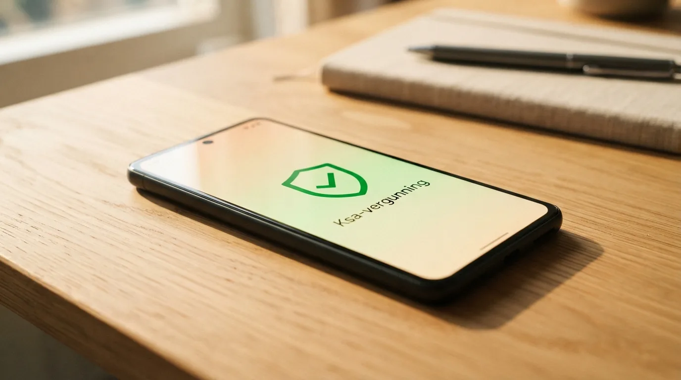 Smartphone met een keurmerk en het opschrift Ksa-vergunning