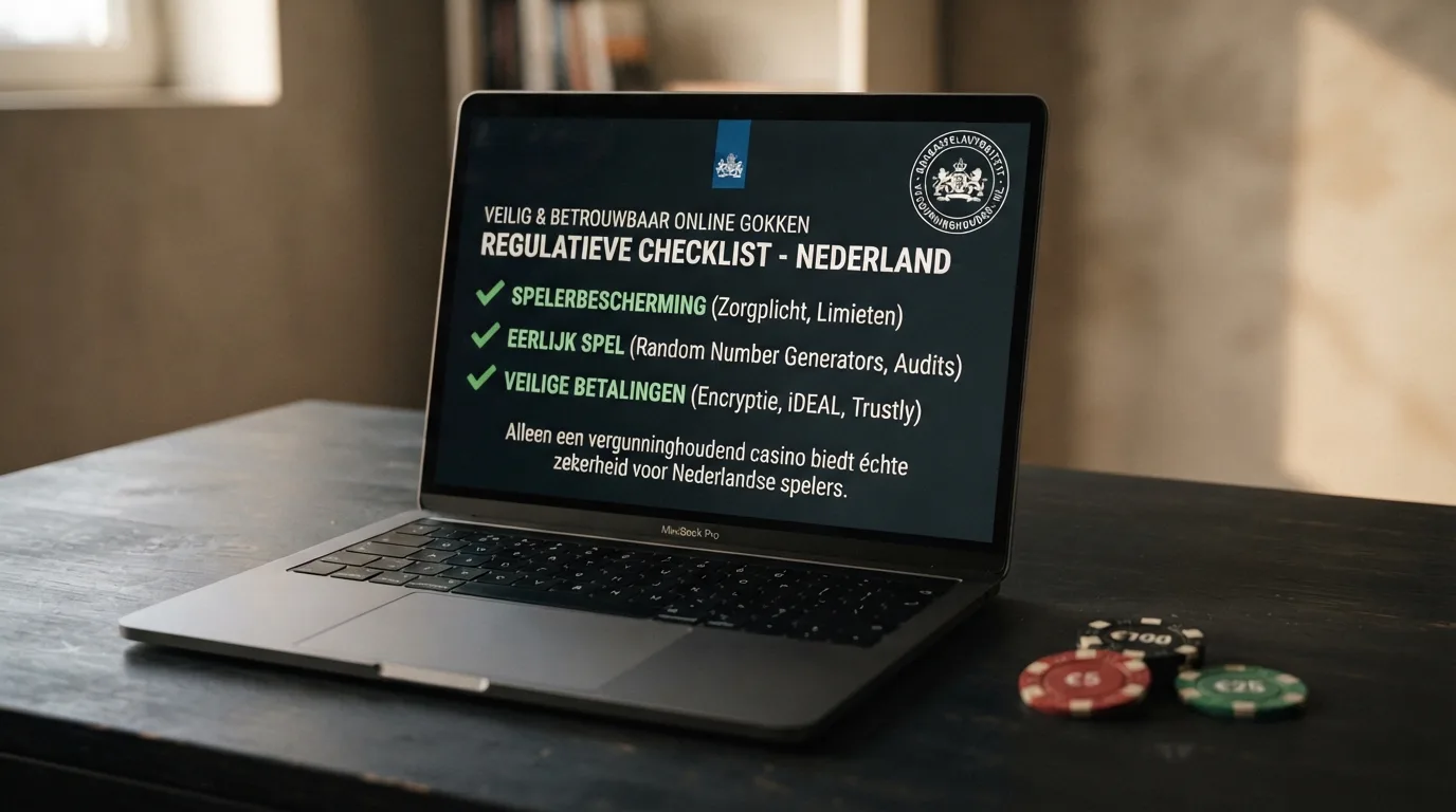 Het Kansspelautoriteit-logo op een scherm naast een lijst met vergunningvoorwaarden voor online casino's